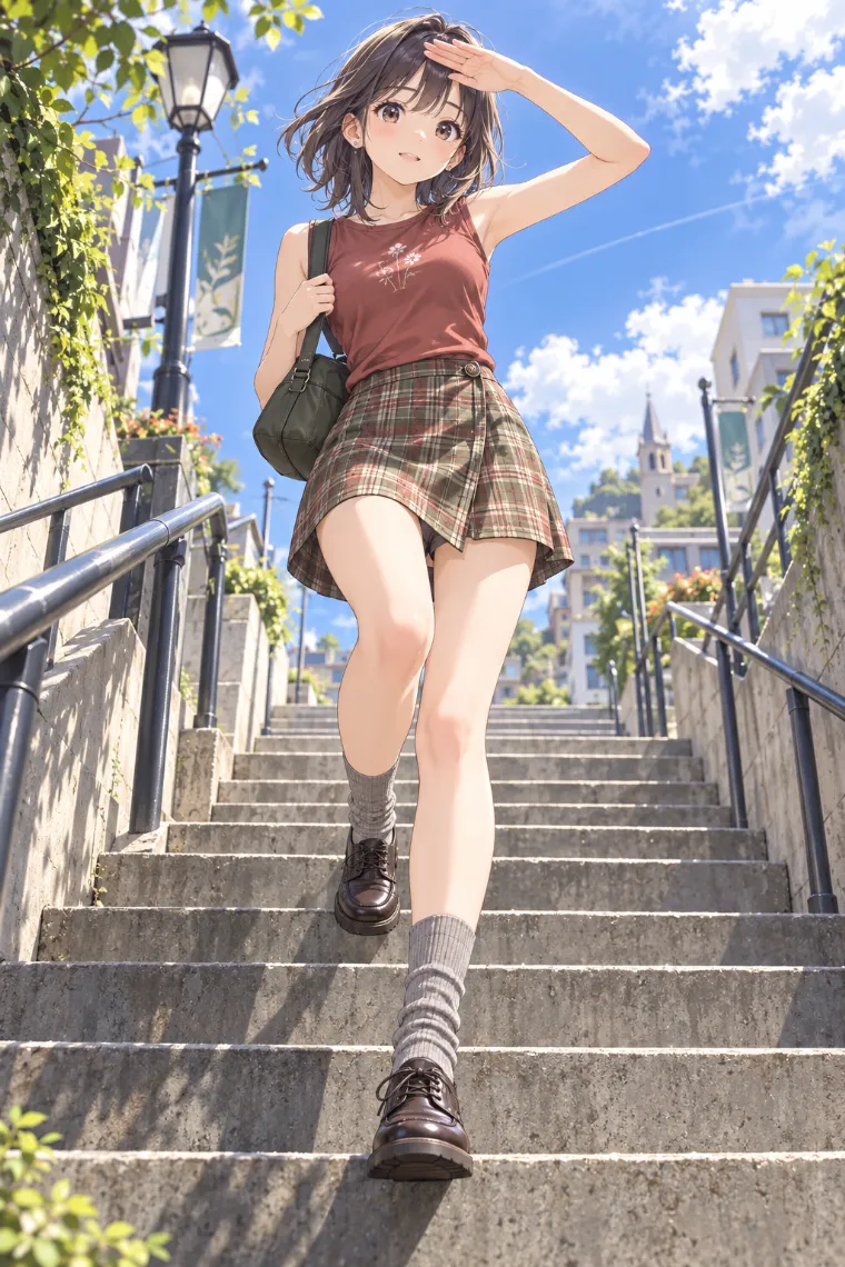 AIイラスト版｜日差しを遮りながら階段を下りるポーズ｜階段・段差を使った女の子のポーズ