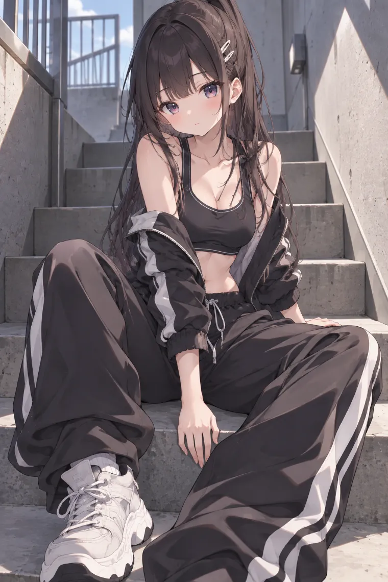 AIイラスト版｜踊り場に座って脚を開き前傾するポーズ｜階段・段差を使った女の子のポーズ