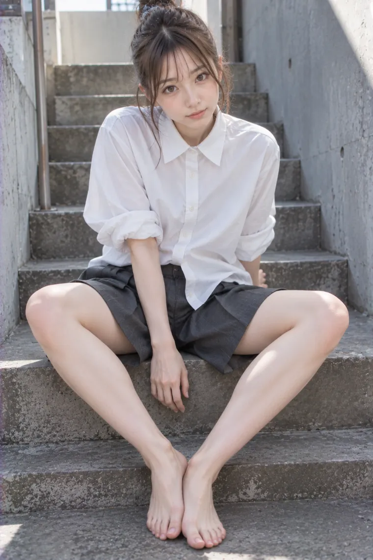 実写AI版｜踊り場に座って脚を開き前傾するポーズ｜階段・段差を使った女の子のポーズ