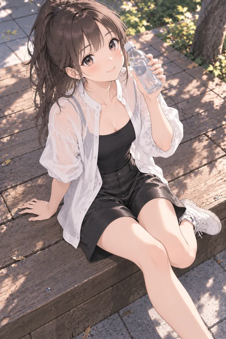 AIイラスト版｜デッキの縁に座ってボトルを掲げるポーズ｜階段・段差を使った女の子のポーズ