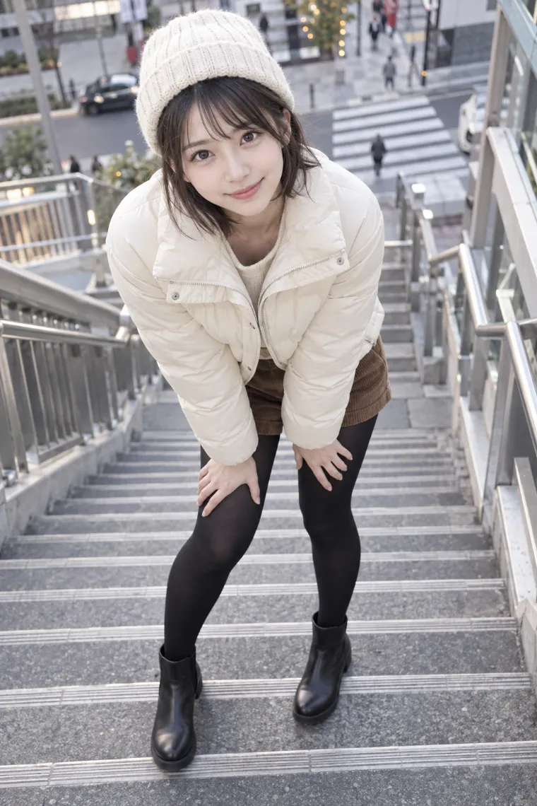 実写AI版｜階段で前傾して上のカメラを見るポーズ｜階段・段差を使った女の子のポーズ