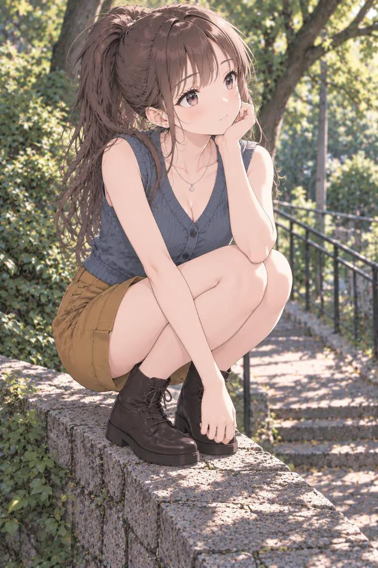 AIイラスト版｜低い壁の上で深くしゃがむポーズ｜階段・段差を使った女の子のポーズ