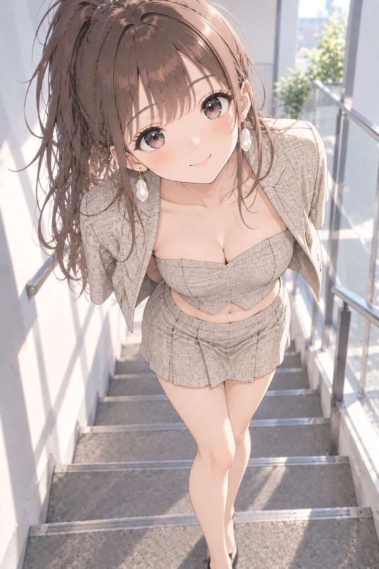 AIイラスト版｜階段で前傾して顔をカメラへ近づけるポーズ｜階段・段差を使った女の子のポーズ