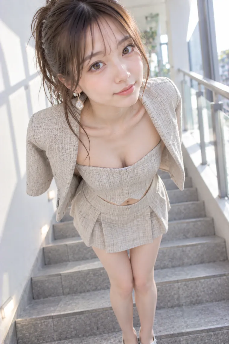 実写AI版｜階段で前傾して顔をカメラへ近づけるポーズ｜階段・段差を使った女の子のポーズ
