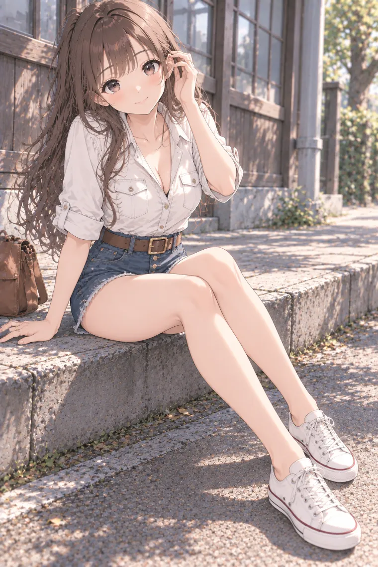 AIイラスト版｜縁石に座って脚を斜めへ伸ばすポーズ｜階段・段差を使った女の子のポーズ