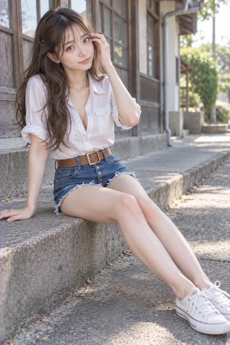実写AI版｜縁石に座って脚を斜めへ伸ばすポーズ｜階段・段差を使った女の子のポーズ
