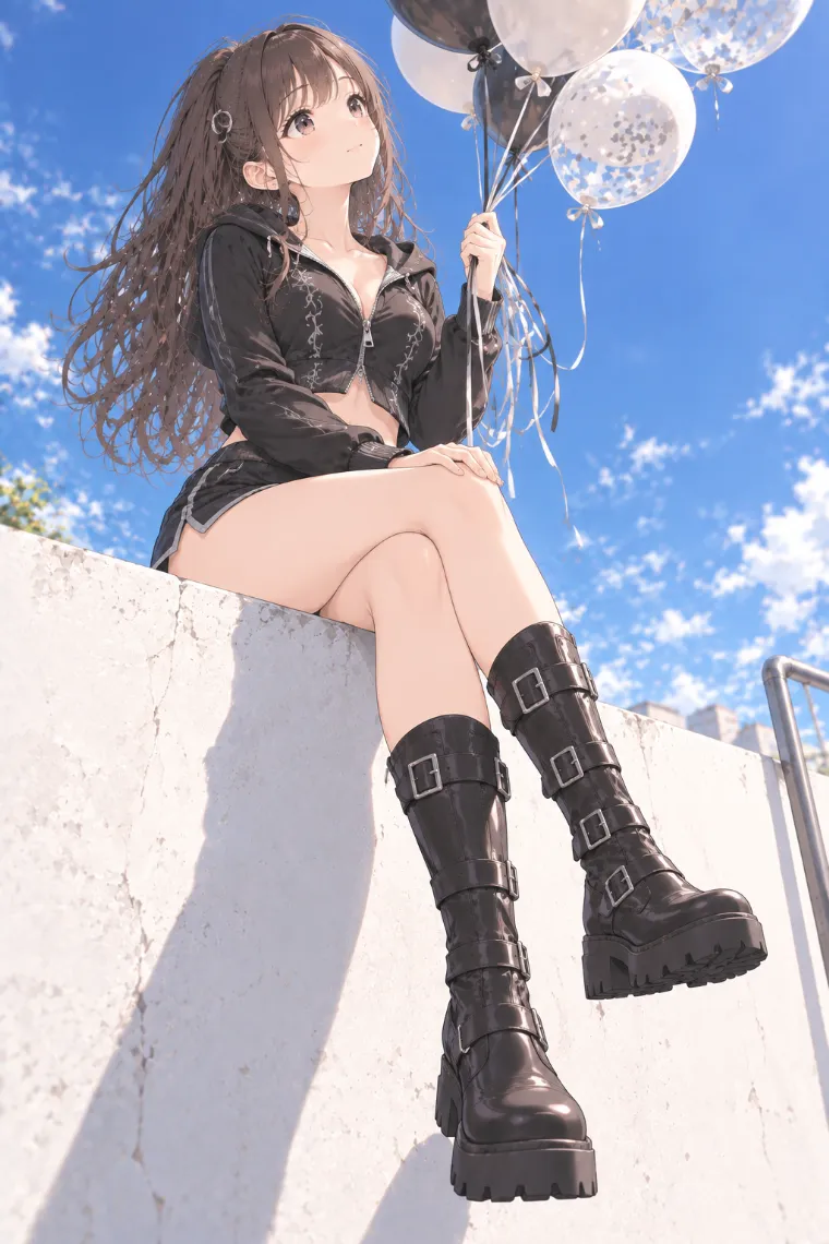 AIイラスト版｜高い白壁に座って風船を持つポーズ｜階段・段差を使った女の子のポーズ