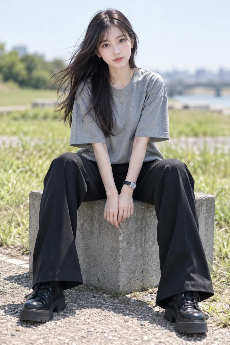実写AI版｜低いブロックに座って両膝を開くポーズ｜階段・段差を使った女の子のポーズ