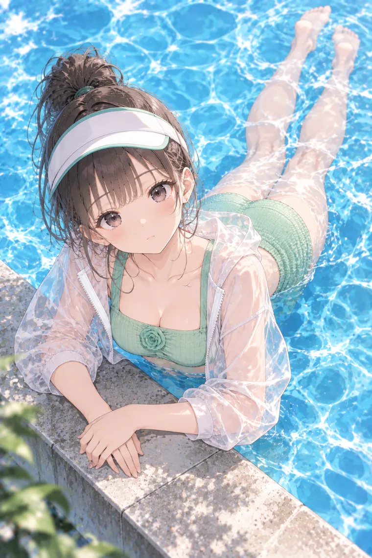 AIイラスト版｜プールの縁に上半身を預けて浮かぶポーズ｜階段・段差を使った女の子のポーズ