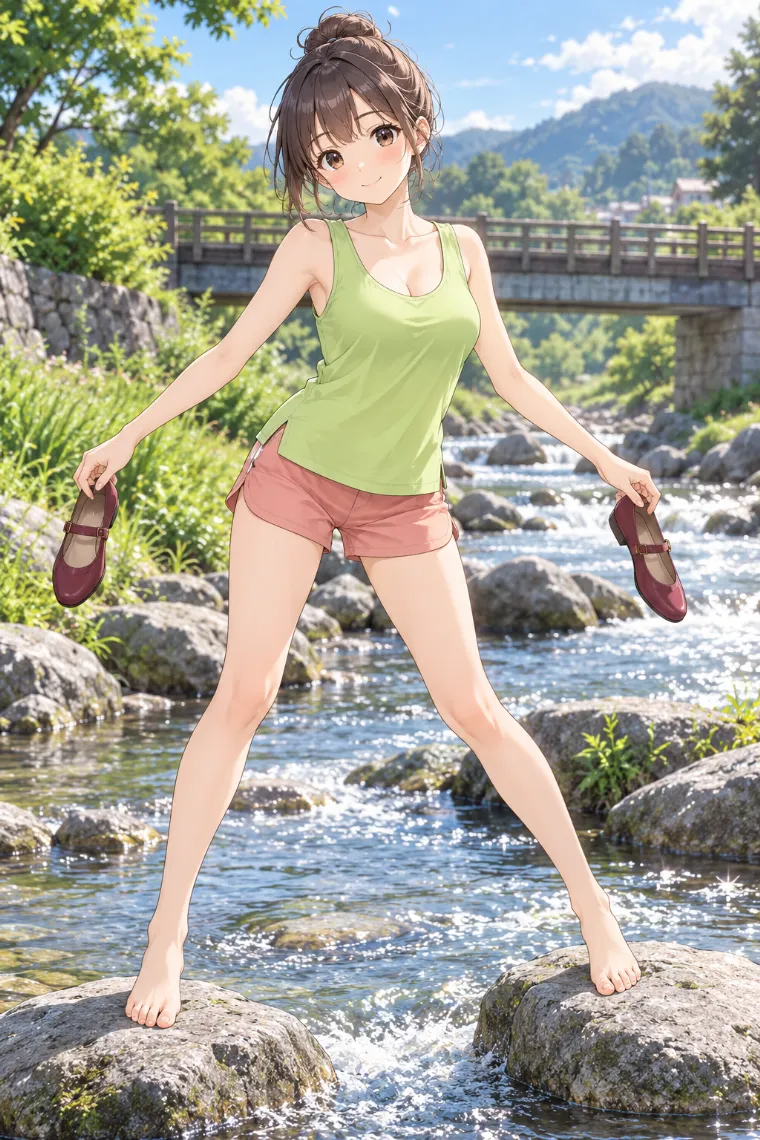 AIイラスト版｜川の飛び石を両脚でまたぐポーズ｜階段・段差を使った女の子のポーズ