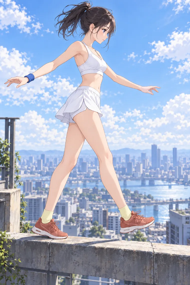 AIイラスト版｜細い足場で両腕を広げてバランスを取りながら歩くポーズ｜階段・段差を使った女の子のポーズ