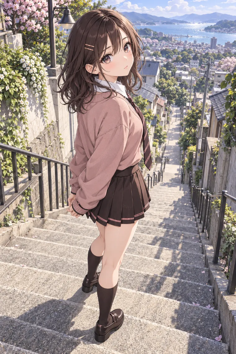 AIイラスト版｜長い階段で両手を後ろにして振り返るポーズ｜階段・段差を使った女の子のポーズ