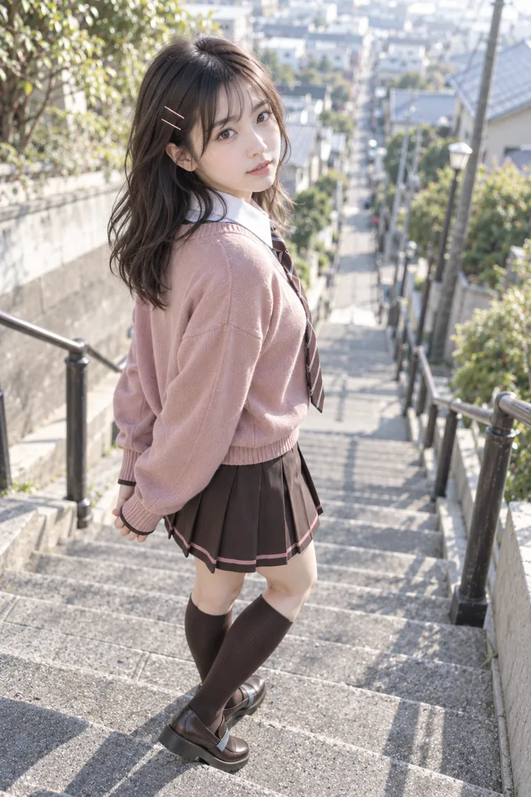 実写AI版｜長い階段で両手を後ろにして振り返るポーズ｜階段・段差を使った女の子のポーズ