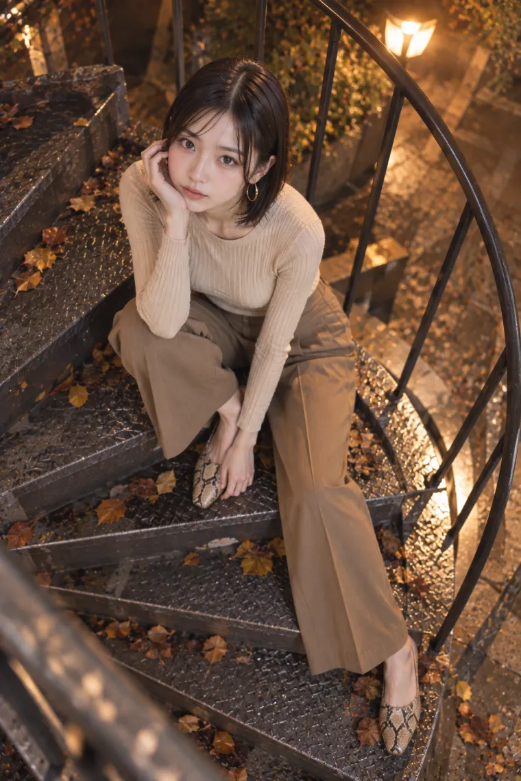 実写AI版｜夜の螺旋階段で片膝に頬杖をつくポーズ｜階段・段差を使った女の子のポーズ