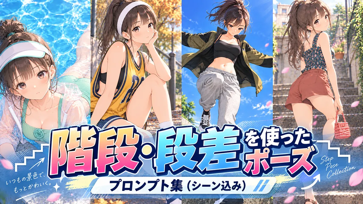 階段・段差を使ったポーズのプロンプト集（シーン込み）