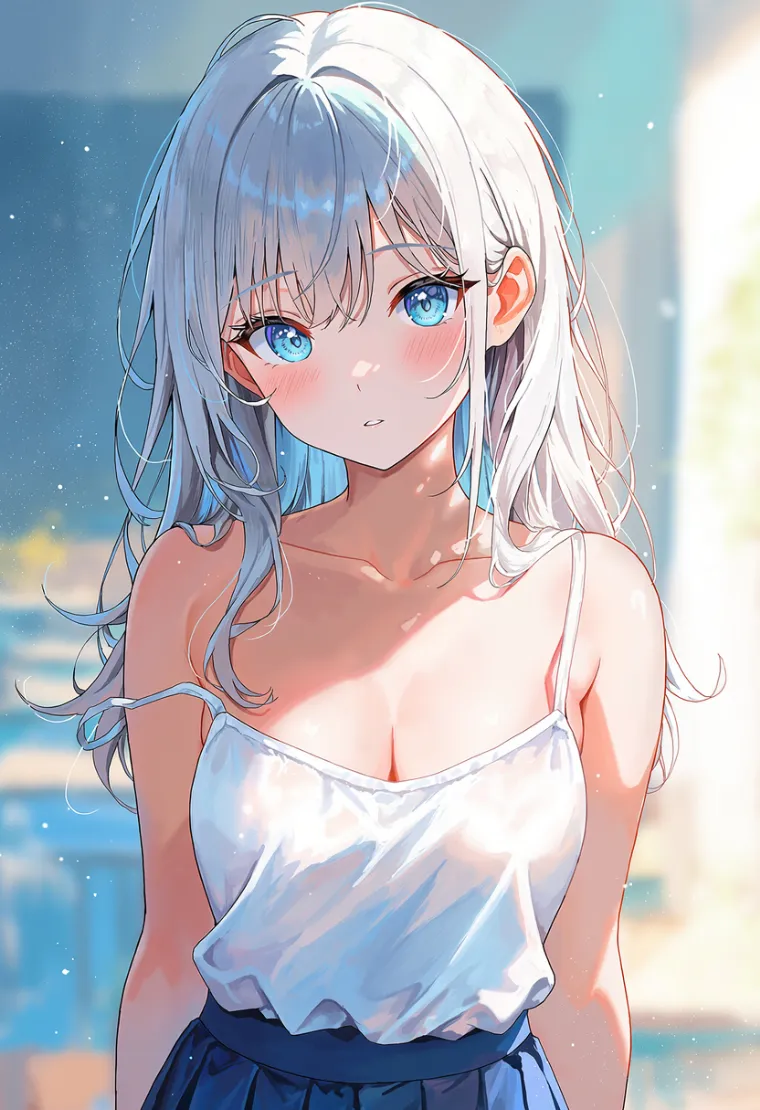 キャミソールの肩紐が肩からずれた女性を描いたAIイラスト
