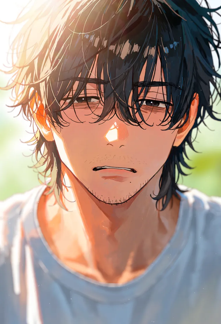 短く伸びた無精ひげの男性を描いたAIイラスト