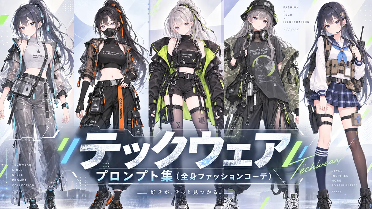 テックウェアのプロンプト集（全身ファッションコーデ）