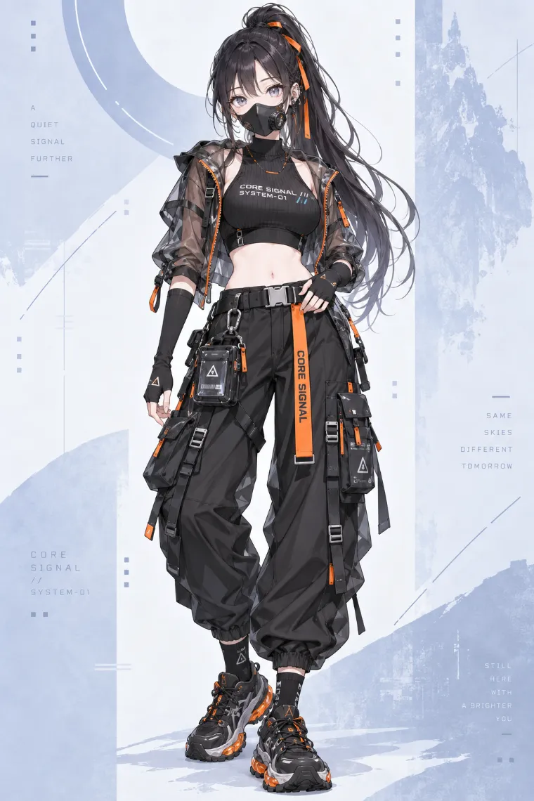 AIイラスト版｜黒のクロップトップと極太パラシュートカーゴパンツにオレンジのテックギアを合わせたテックウェア