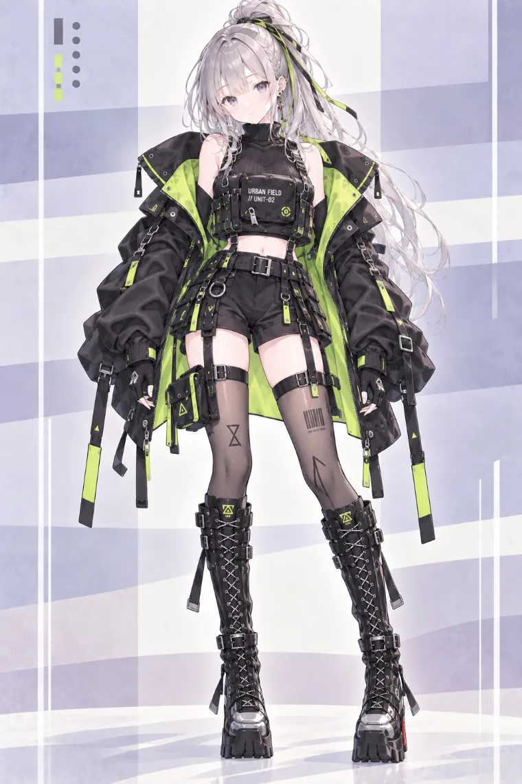 AIイラスト版｜黒のオーバーサイズパーカと超短丈カーゴショーツに厚底コンバットブーツを合わせたテックウェア