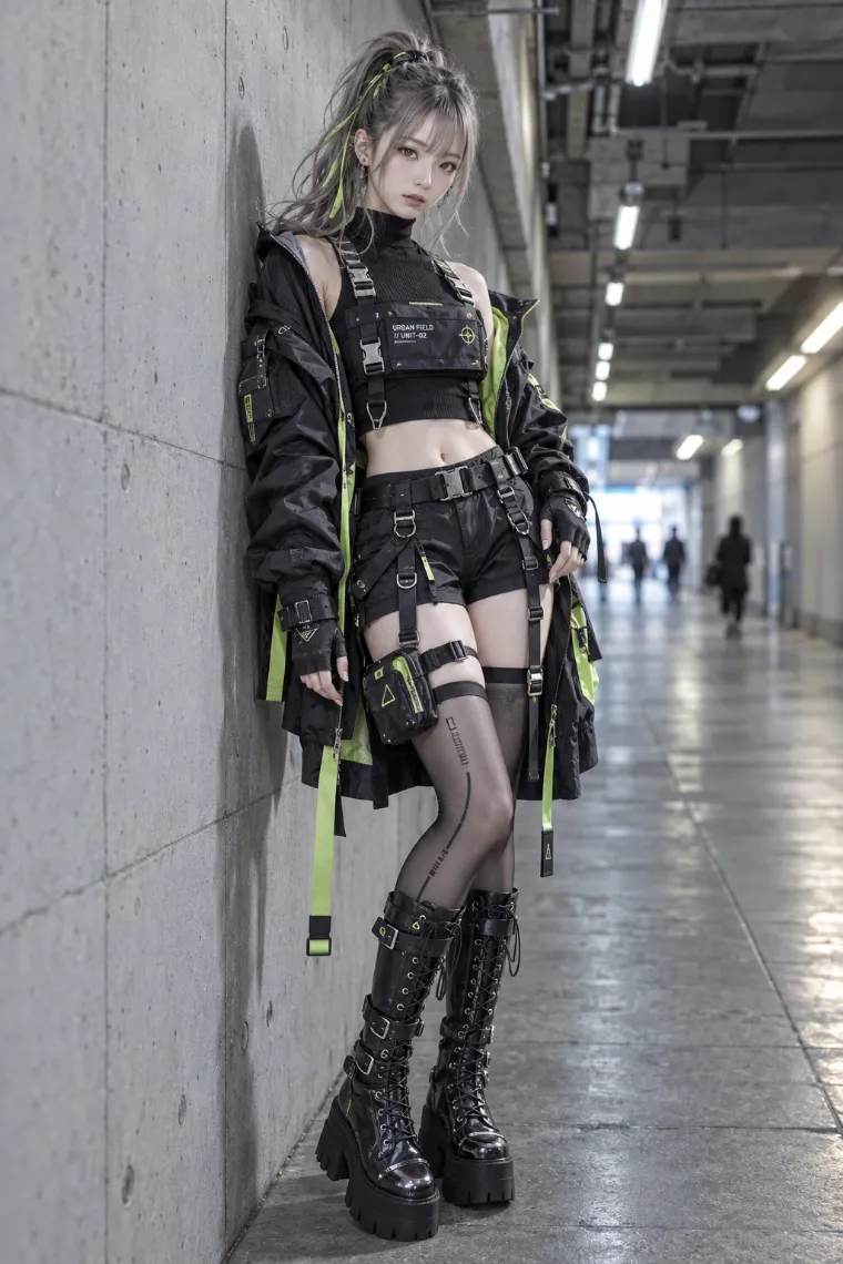 実写AI版｜黒のオーバーサイズパーカと超短丈カーゴショーツに厚底コンバットブーツを合わせたテックウェア