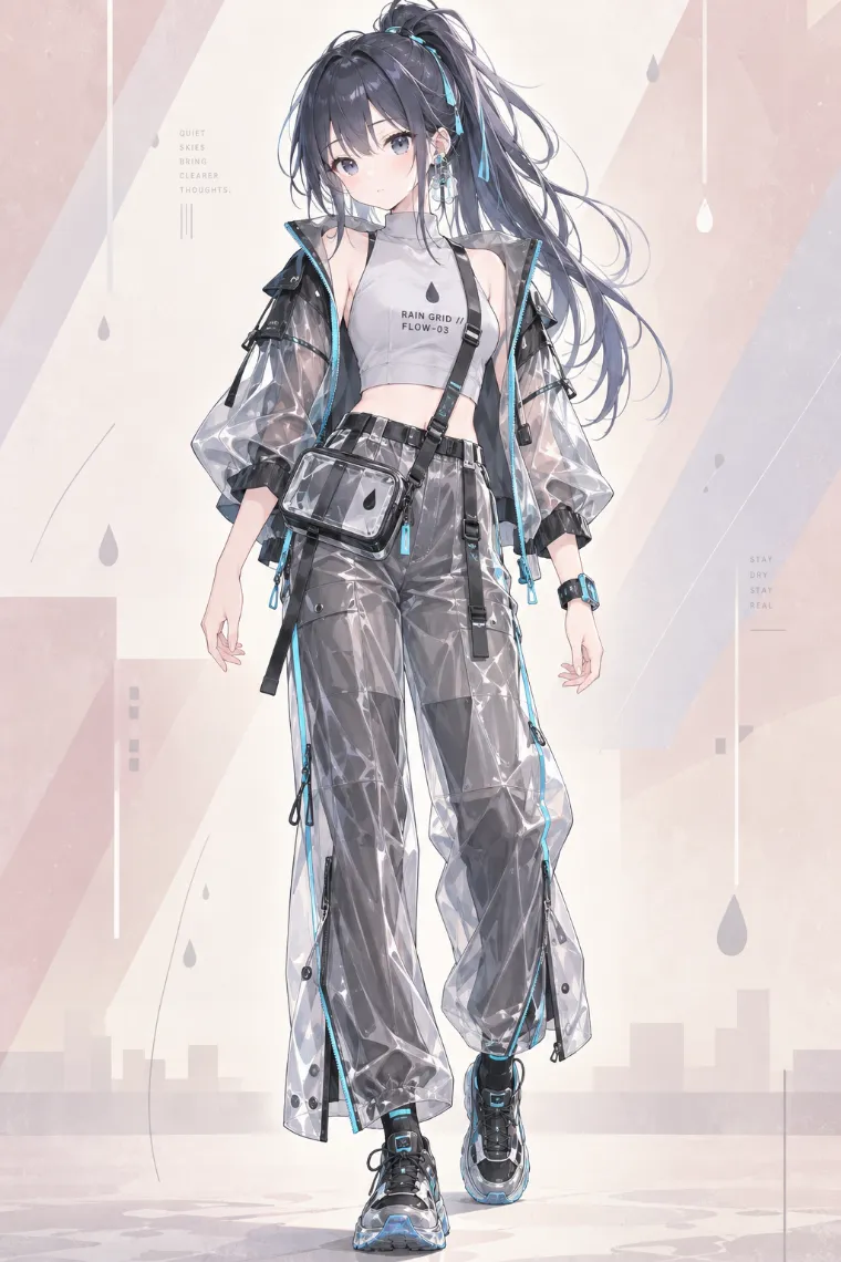 AIイラスト版｜透明スモーキーグレーのレインジャケットとワイドレインパンツを合わせたクリア系テックウェア