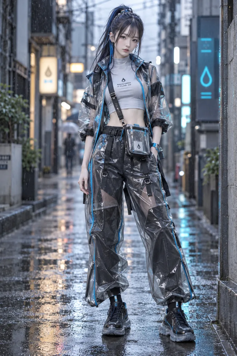 実写AI版｜透明スモーキーグレーのレインジャケットとワイドレインパンツを合わせたクリア系テックウェア