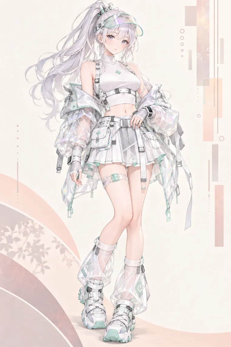 AIイラスト版｜透明ホワイトジャケットと白のプリーツカーゴスカートにミントの差し色を加えたメディカルテックウェア