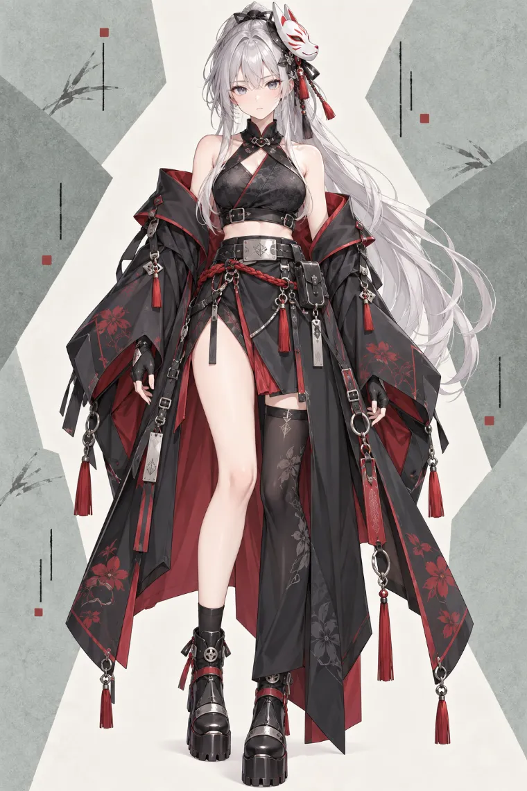 AIイラスト版｜黒×深紅の和風テクニカルコートとアシンメトリーボトムを合わせた和風テックウェア