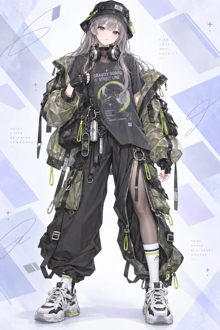 AIイラスト版｜スモーキーオリーブのオーバーサイズジャケットと極太カーゴパンツを合わせたストリートテックウェア