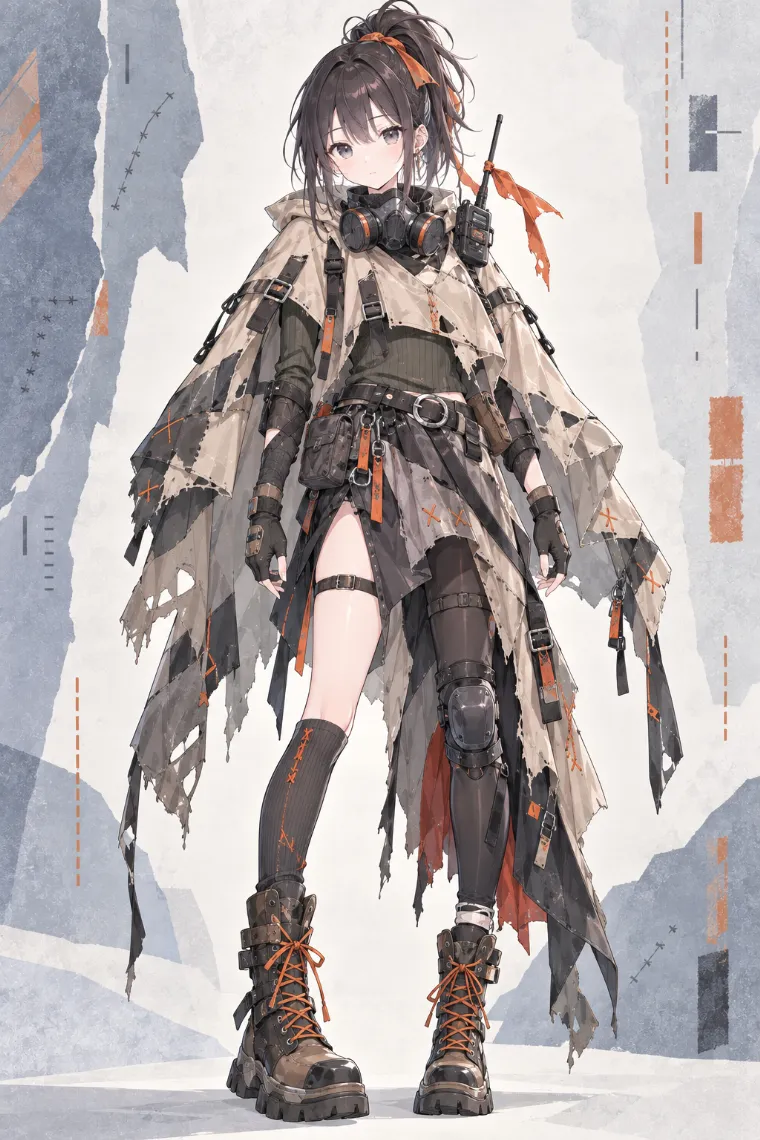 AIイラスト版｜パッチワーク風サバイバルポンチョとアシンメトリーなラップスカートを合わせたテックウェア