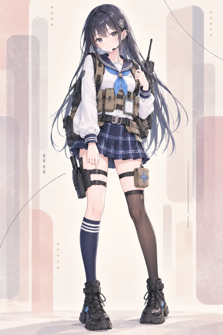 AIイラスト版｜白のセーラーブラウスとネイビーのプリーツミニにタクティカルギアを重ねた制服テックウェア