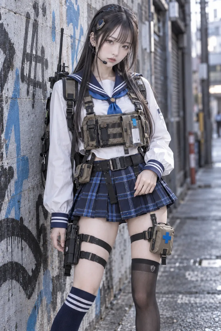 実写AI版｜白のセーラーブラウスとネイビーのプリーツミニにタクティカルギアを重ねた制服テックウェア