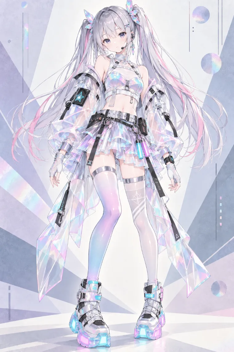 AIイラスト版｜ホログラムジャケットと透明レイヤードスカートに発光ギアを合わせたフューチャーテックウェア