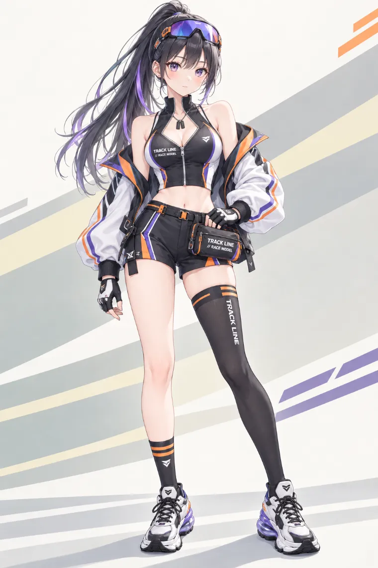 AIイラスト版｜黒×白のレーシングジャケットとショートカーゴパンツに左右非対称レッグウェアを合わせたテックウェア