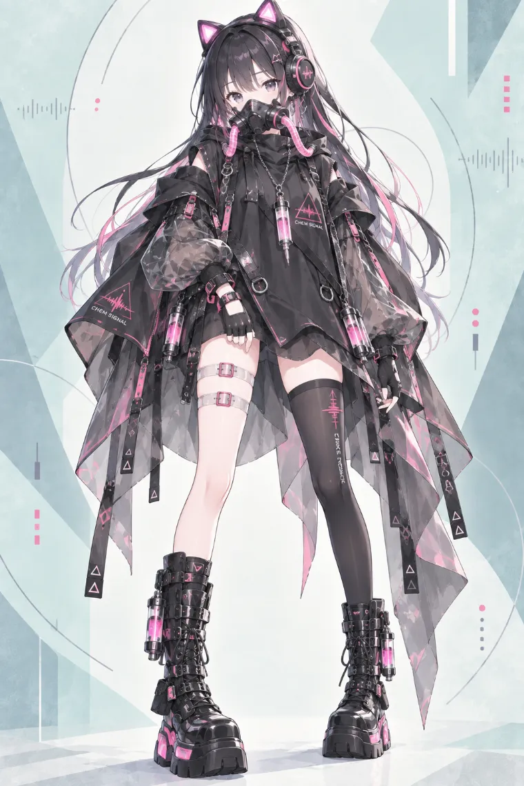 AIイラスト版｜黒のフードポンチョドレスとネオンピンクのケミカルギアを合わせたサイバーテックウェア
