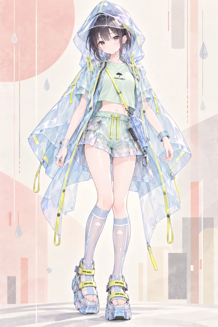 AIイラスト版｜透明ペールブルーのレインポンチョとミントのショートパンツを合わせたクリアレインテックウェア