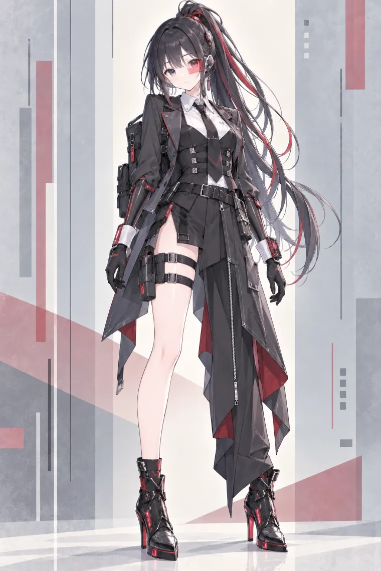AIイラスト版｜チャコールのロングブレザーと左右非対称ボトムに赤いサイバーギアを合わせたテックウェア