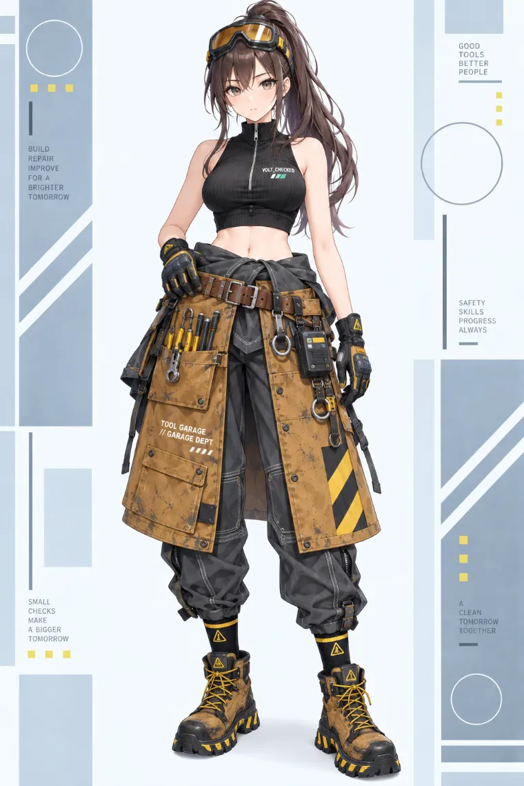 AIイラスト版｜黒クロップトップとワークパンツにツールエプロンと工具類を合わせたガレージテックウェア