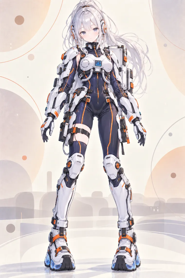 AIイラスト版｜ネイビーのフライトスーツと白のハードシェルアーマーを組み合わせたアーマードテックウェア