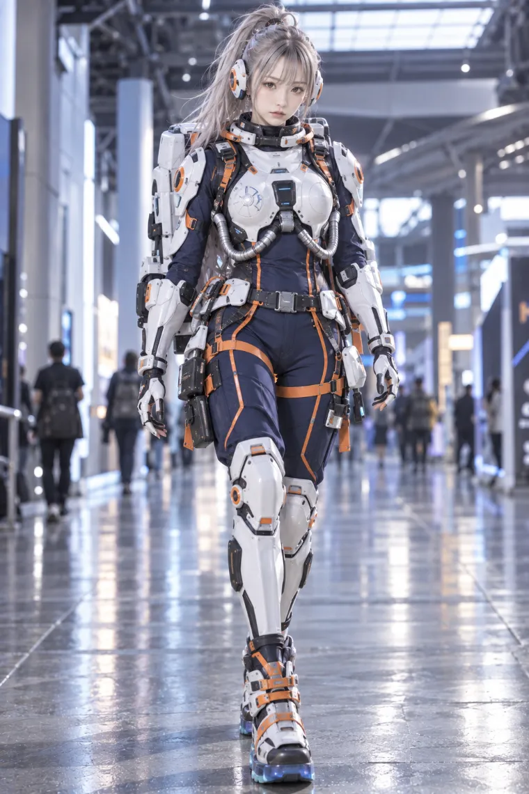 実写AI版｜ネイビーのフライトスーツと白のハードシェルアーマーを組み合わせたアーマードテックウェア