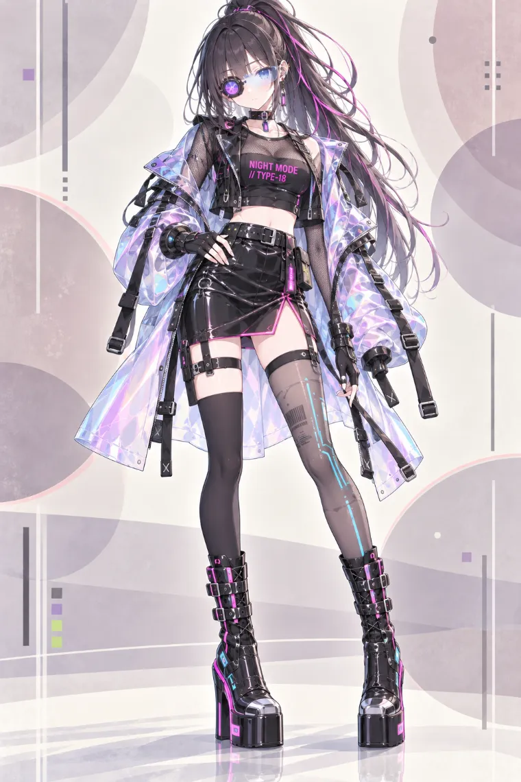 AIイラスト版｜黒パテントのミニスカートとイリデッセントコートにネオンギアを合わせたナイトサイバーテックウェア