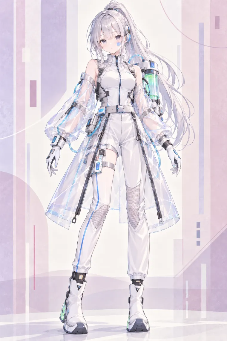 AIイラスト版｜白のテクニカルジャンプスーツに透明オーバースカートと発光カニスターを合わせたラボテックウェア