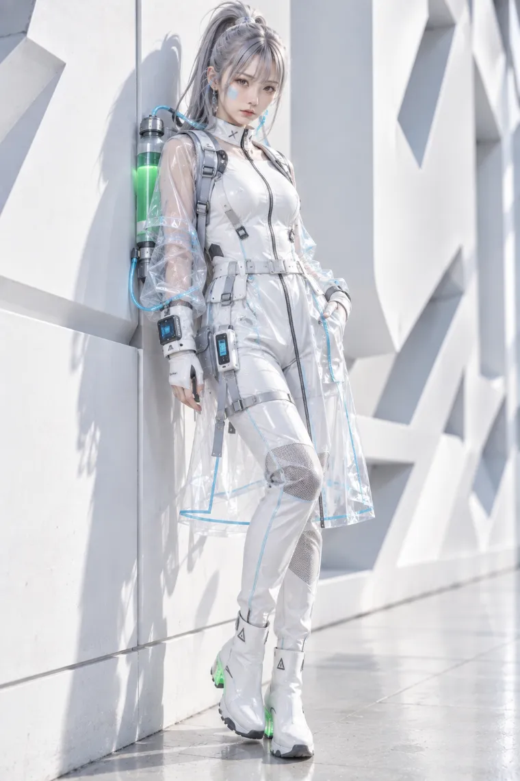 実写AI版｜白のテクニカルジャンプスーツに透明オーバースカートと発光カニスターを合わせたラボテックウェア