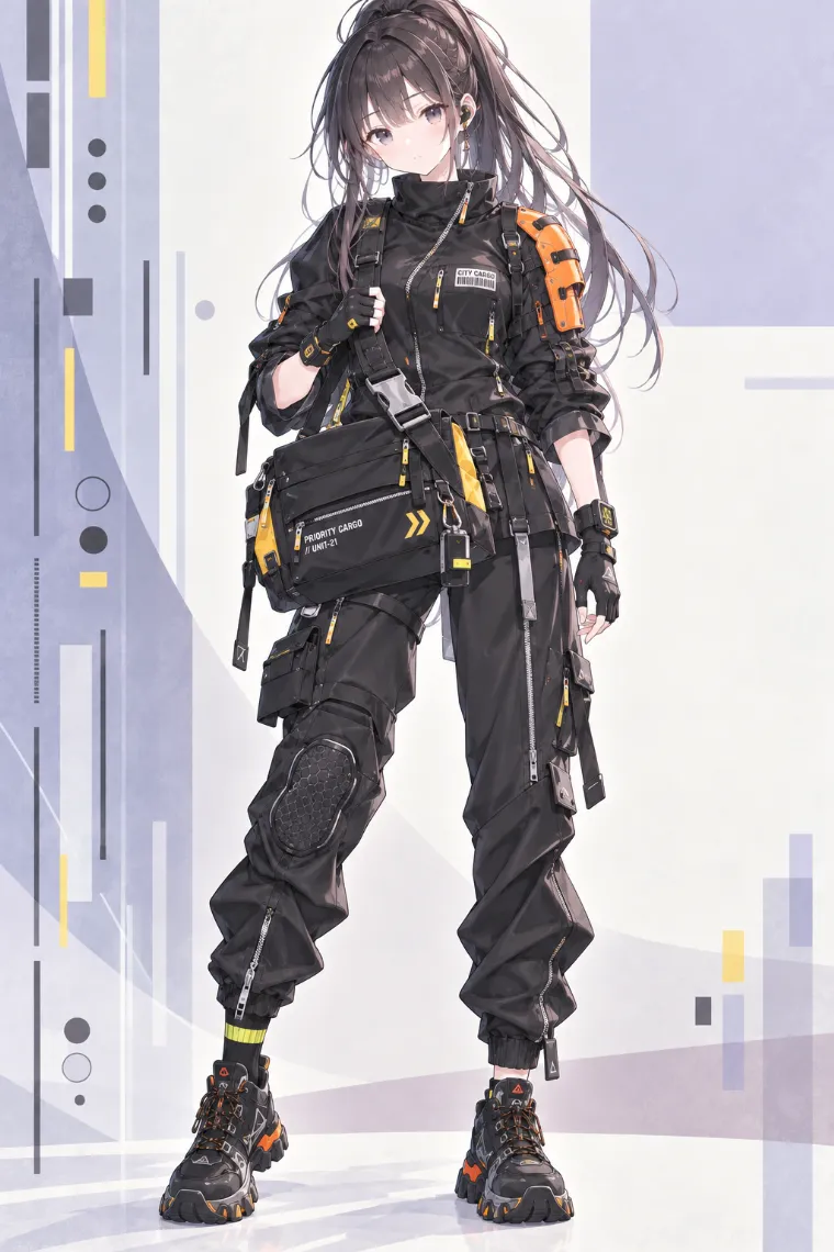 AIイラスト版｜黒カーゴジャケットとテーパードカーゴパンツに大型クーリエバッグを合わせたアーバンテックウェア