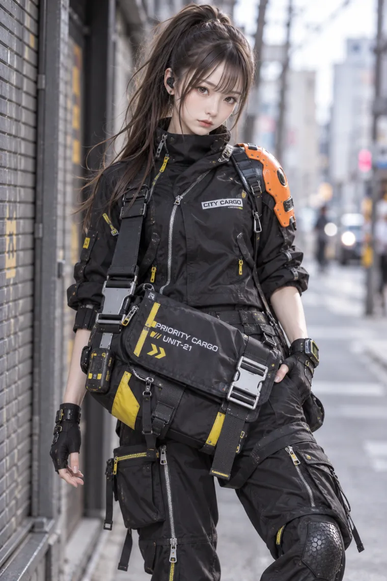 実写AI版｜黒カーゴジャケットとテーパードカーゴパンツに大型クーリエバッグを合わせたアーバンテックウェア