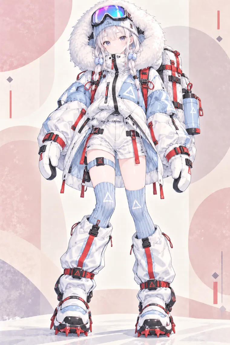 AIイラスト版｜白×アイスブルーの巨大キルティングパファーとスノーブーツを合わせた極寒テックウェア
