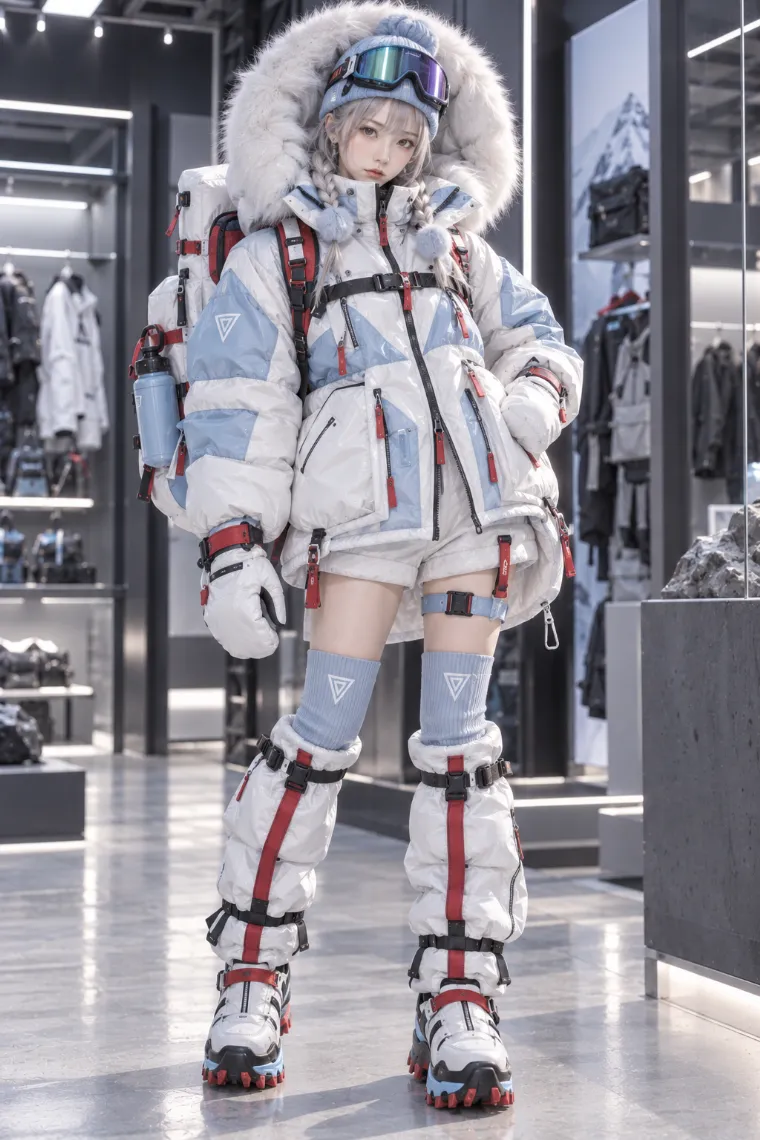 実写AI版｜白×アイスブルーの巨大キルティングパファーとスノーブーツを合わせた極寒テックウェア