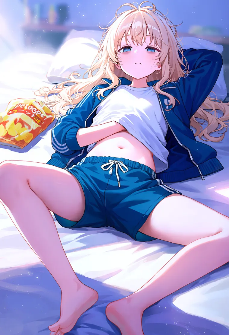 ジャージとジムショーツ姿で仰向けになり、ガニ股でお腹をかく眠そうな女性を描いたAIイラスト
