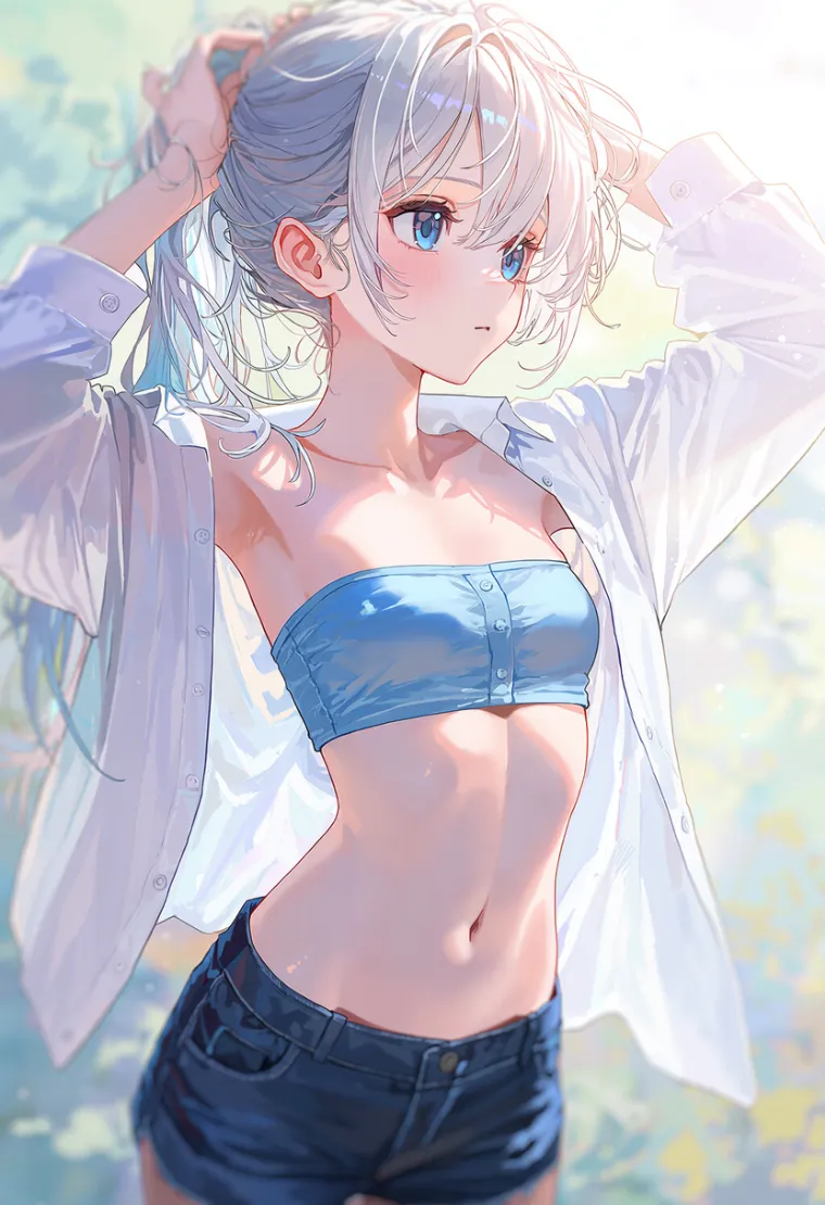 シャツのボタンを外して着崩した女性を描いたAIイラスト